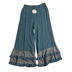 NWT Women's Umgee Linen/Cotton pants SMALL Wide leg ruffled bottoms TEAL?